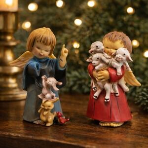 Vtg Angel Figurines w/ Animals Christmas Tree 3" Hong Kong Arni Lot of 2‎